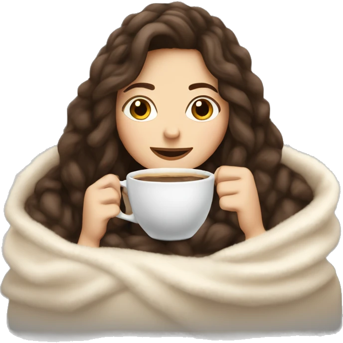 Brunette white girl inside a fluffy blanket sipping coffee emoji