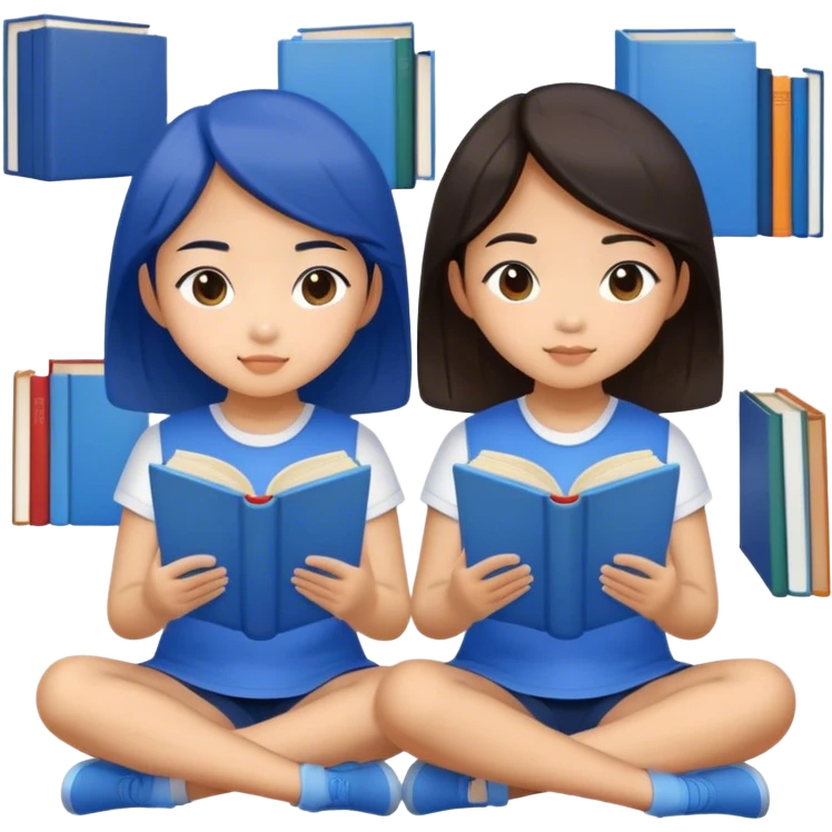 two asian girls sitting reading blue books emoji