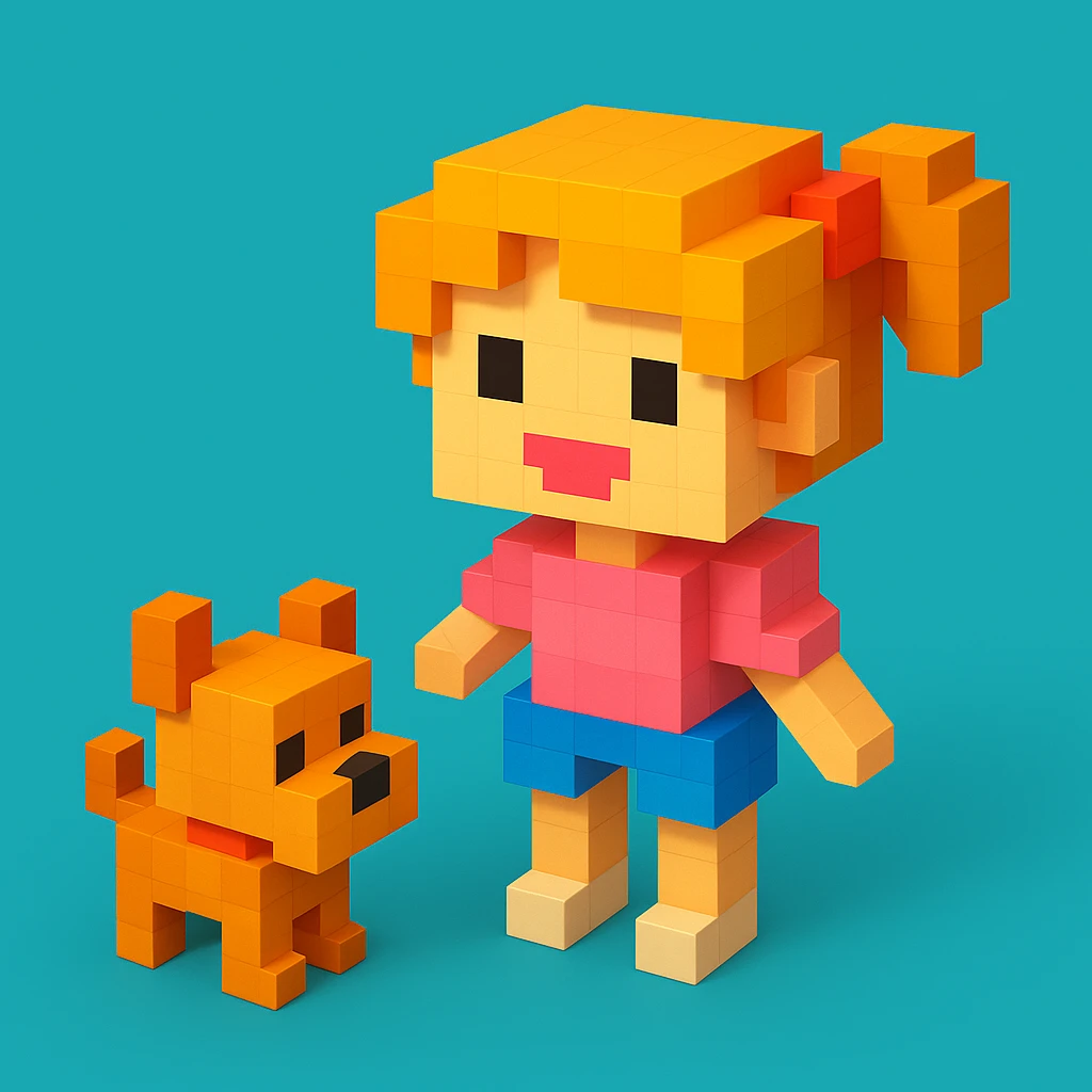 create a voxel style 3d image girl and  her dog, colored background emoji