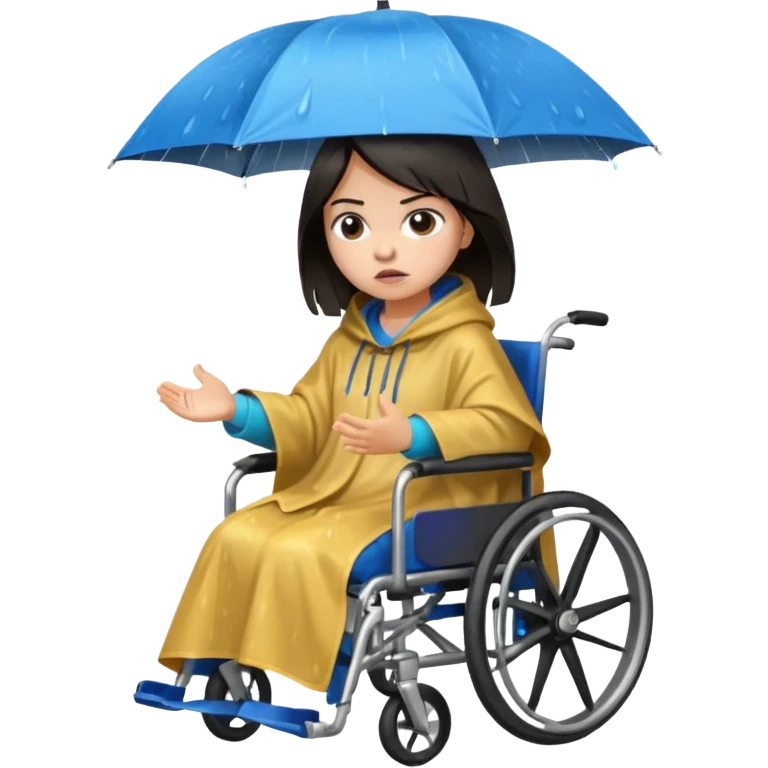 Girl with dark hair  in a wheelchair with rain poncho mad with raining  emoji