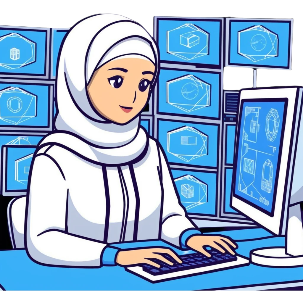 computer engineer with white hijab wearing blue clothes, working with multiple holographic screens showing digital world, virtual interfaces, metaverse elements emoji
