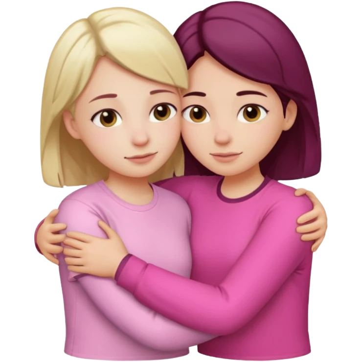 2 girls hugging each other. One is wearing white shirt and the other is wearing pink emoji