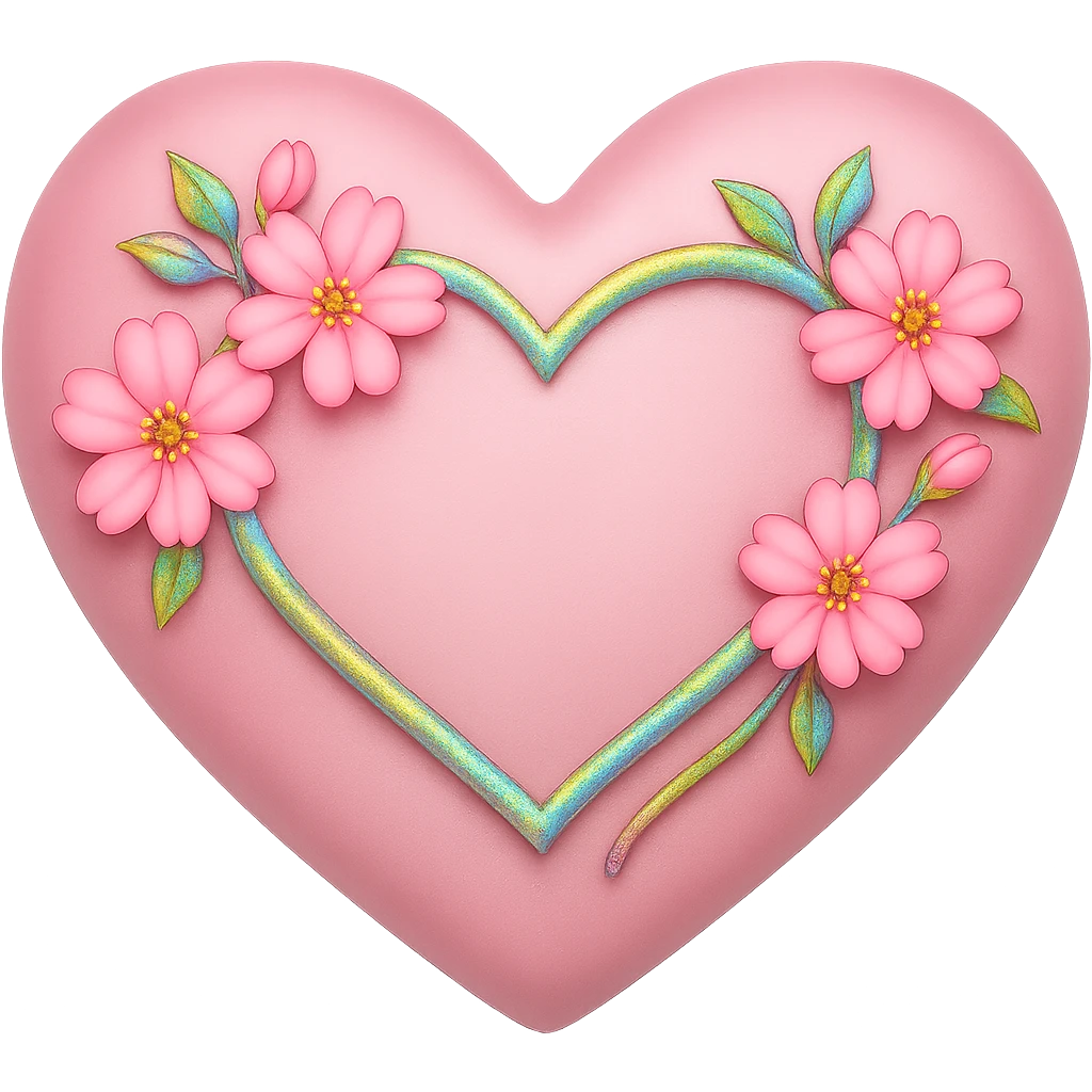 Replace the shimmer effect with a rainbow shimmer on the gold and silver accents of the heart with sakura flowers in the style of apple emojis, no background. emoji