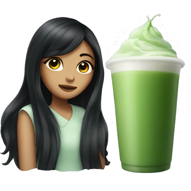 Girl with long black hair holding iced matcha  emoji