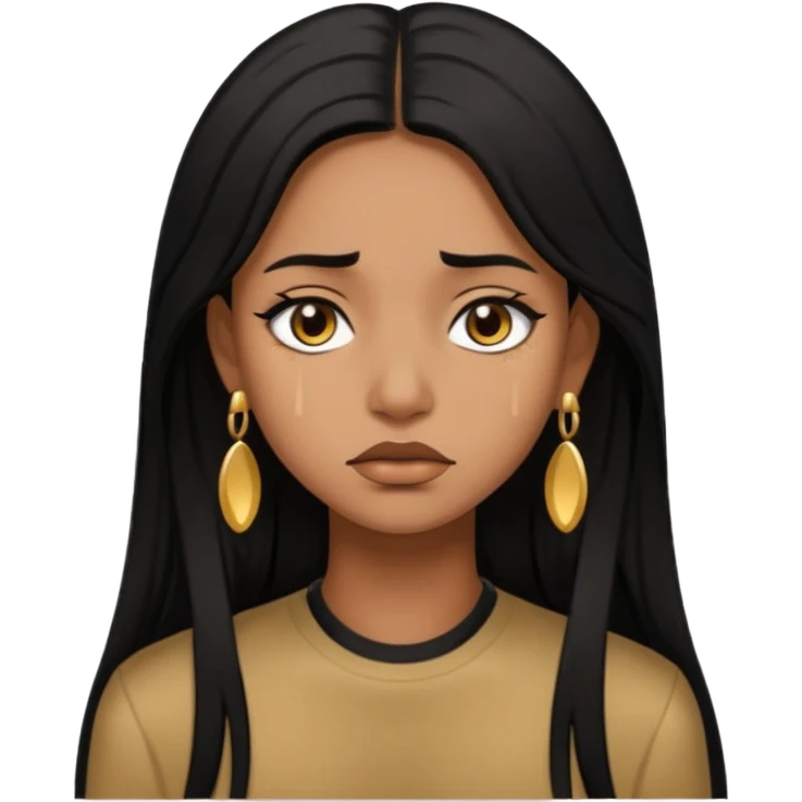brown girl who has long layered black hair with gold stud earrings  who is sad emoji