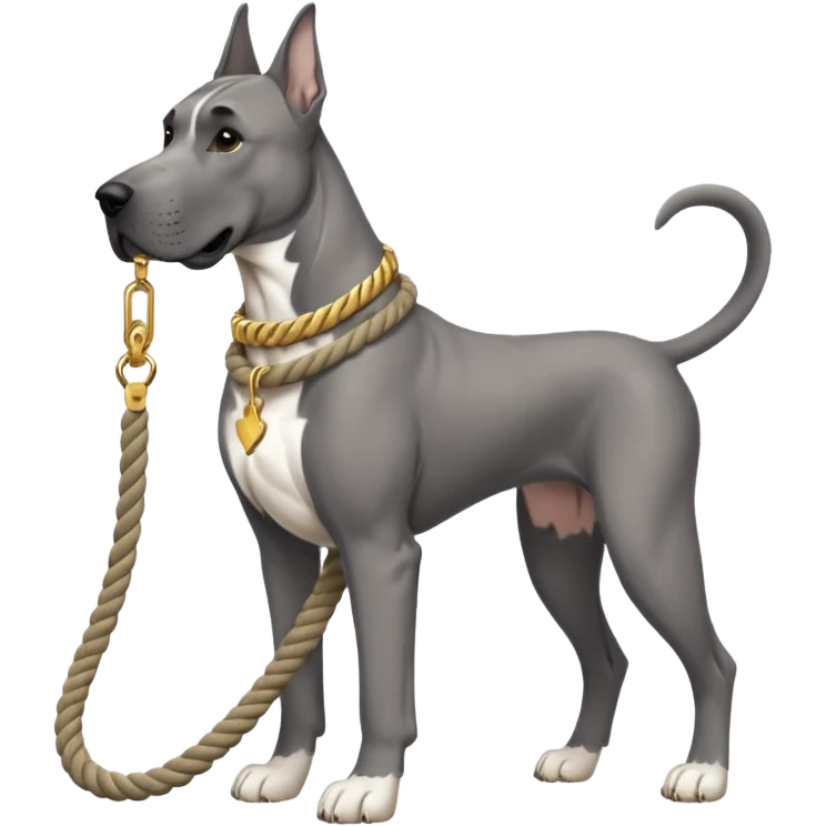 Gray Great Dane with white rope collar and rope Leash with gold accents  emoji
