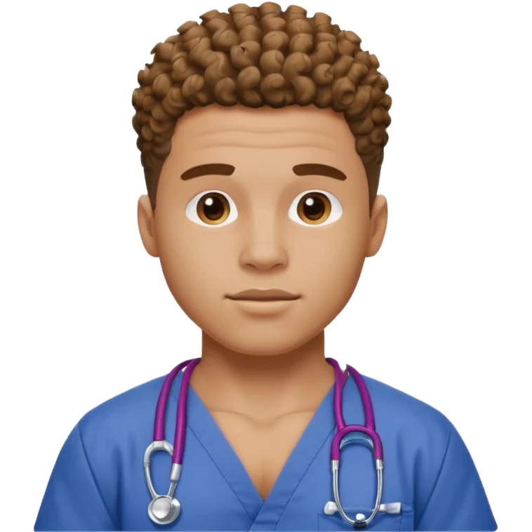 Ripped, athletic man with thick neck, high top fade with no part, curly hair only top only, and show waistline up, add scrubs, man face emoji