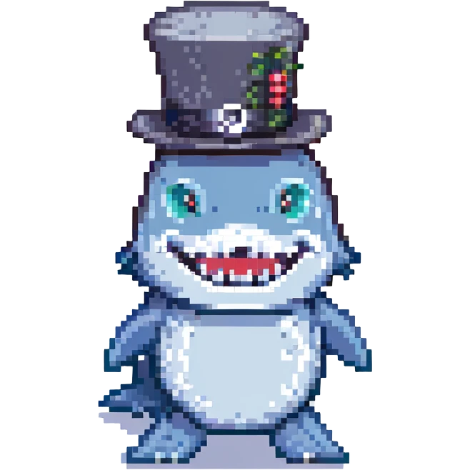 shark wearing a top hat, pixel art style emoji