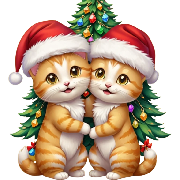 2 hazel green eyed cute hugging laughing fluffy gold twin kittens with Santa hats by a colorful multicolored brightly lit up Christmas trees wearing gold gem chains emoji