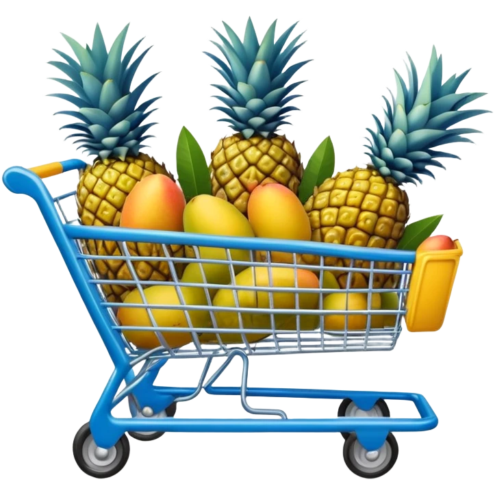 pineapples, mango and passion fruit in a blue Shopping cart  emoji