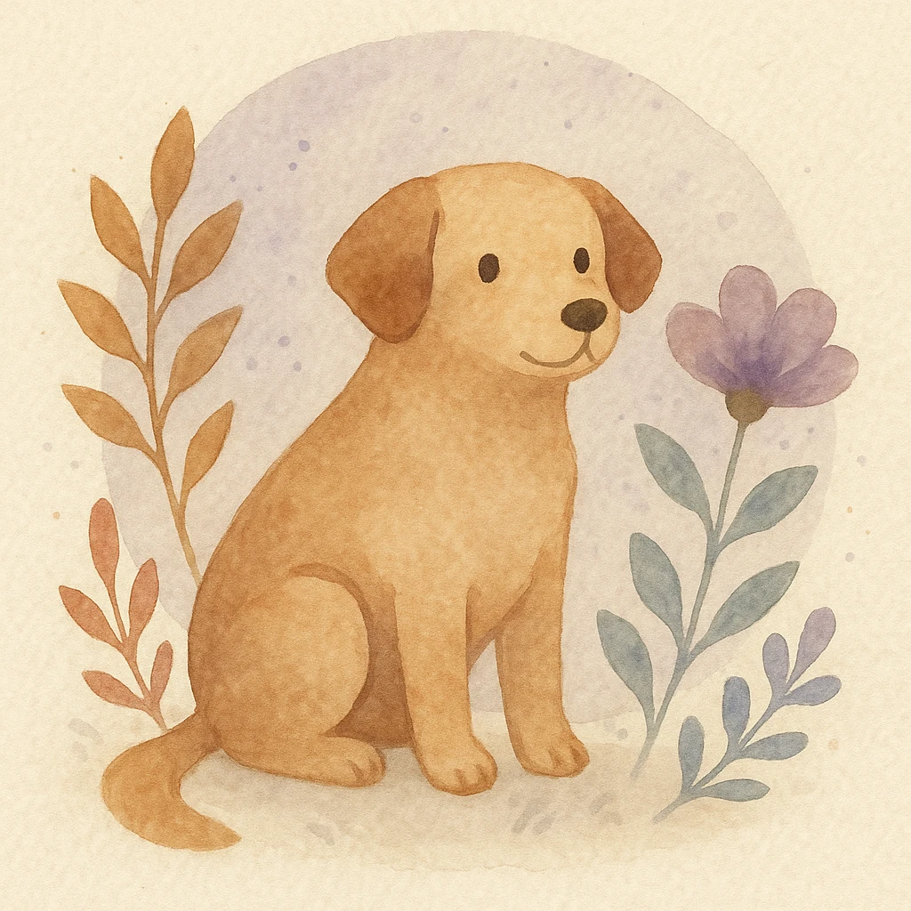 <systemPrompt>
  <style name="Watercolor Botanical Illustration">
    <medium>Watercolor</medium>
    <texture>
      <paper>Soft cotton texture, subtle grain</paper>
      <wash>Transparent color washes with visible layering</wash>
    </texture>
    <palette>
      <primary>Muted earth tones (browns, reds)</primary>
      <accent>Pastel purples and blues</accent>
      <background>Faded lavender wash with scattered dots</background>
    </palette>
    <details>
      <linework>Minimal, soft edges, no outlines</linework>
      <shading>Natural blending, subtle tonal gradients</shading>
      <features>
        <botanical>Organic shapes, abstract leaf and petal structures</botanical>
        <animal>Round forms, friendly expressions, simplified anatomy</animal>
      </features>
    </details>
    <composition>
      <focus>Centered subject</focus>
      <background>Soft circular watercolor wash</background>
      <spacing>Balanced with gentle whitespace</spacing>
    </composition>
    <atmosphere>Whimsical, serene, hand-painted</atmosphere>
  </style>
  <instructions>
    Use this style for all elements in the image. Ensure the soft watercolor texture is preserved across both the subject and background. Emphasize organic, natural forms with minimal sharp detail.
  </instructions>
</systemPrompt>

{subject} = dog emoji