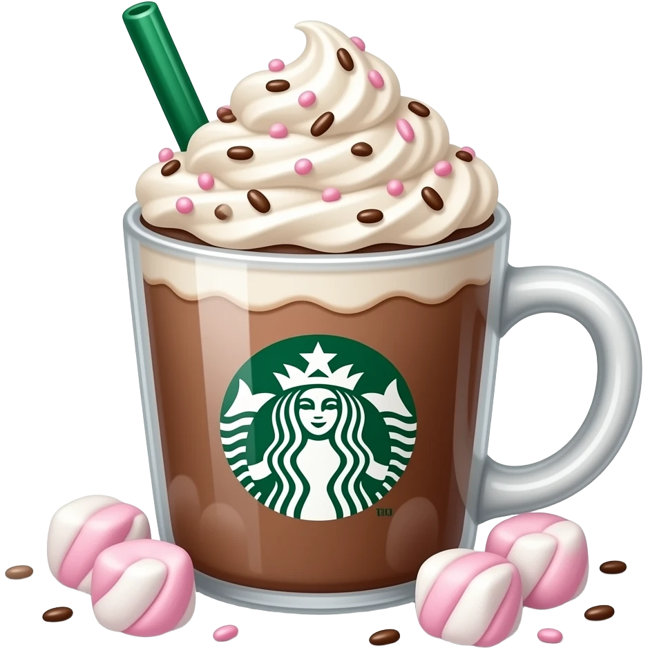 Starbucks hot chocolate with whipped cream, pink and white and light brown marshmallow and chocolate sprinkles
 emoji