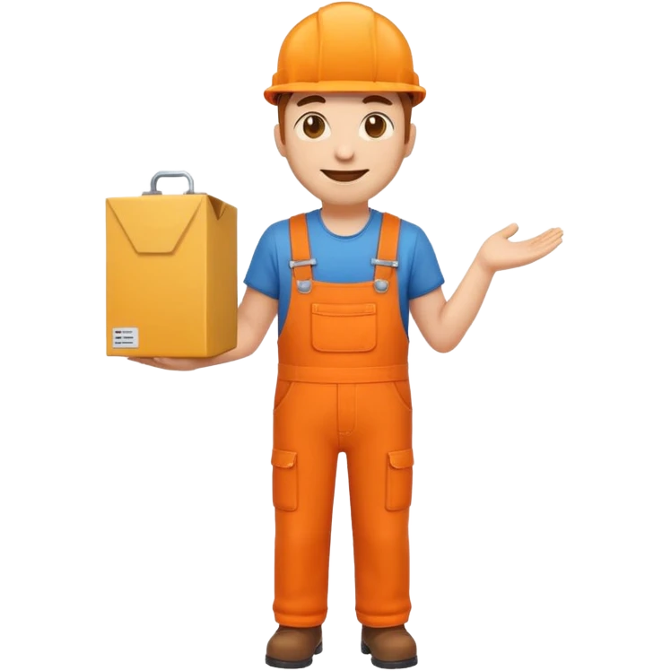 emoji style railway engineer full body in orange overalls, holding a box in front of their chest emoji