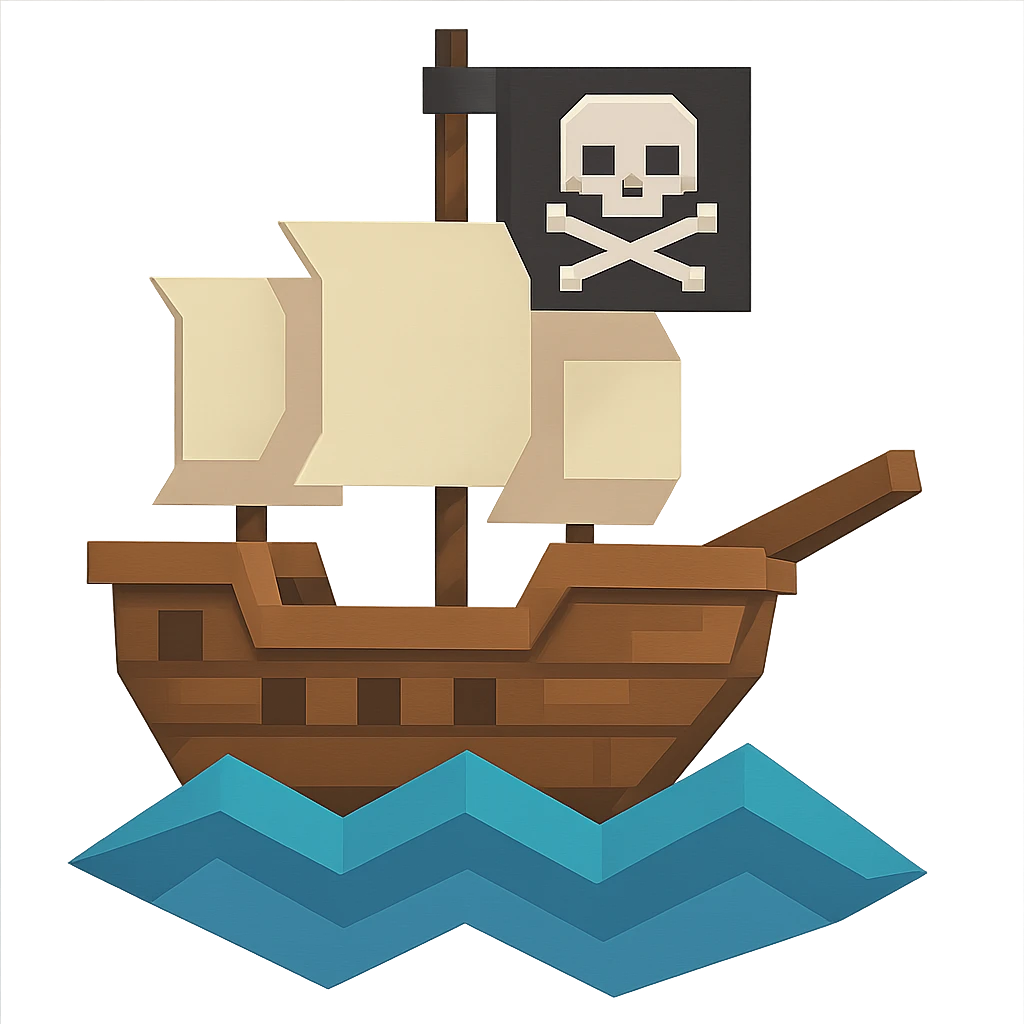 A simple pirate ship sailing on geometric waves with skull and crossbones flag emoji