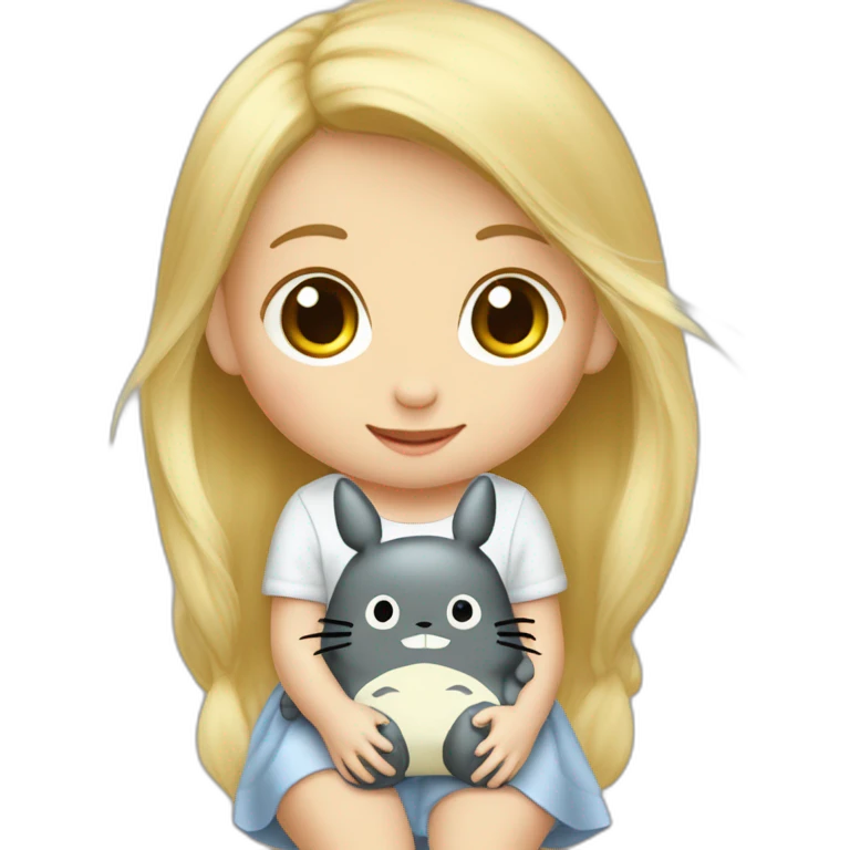 bébé fille blonde décoiffée assise avec une peluche Totoro  emoji