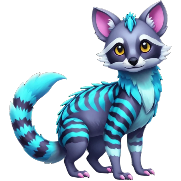 Colorful neon tropical exotic cute cool beautiful shiny beautiful fantasy-civet-genet-sergal-vernid-Gryphon-Cacomistle-Trico-oncilla-animal-Fakémon-hybrid-fursona (full body) emoji