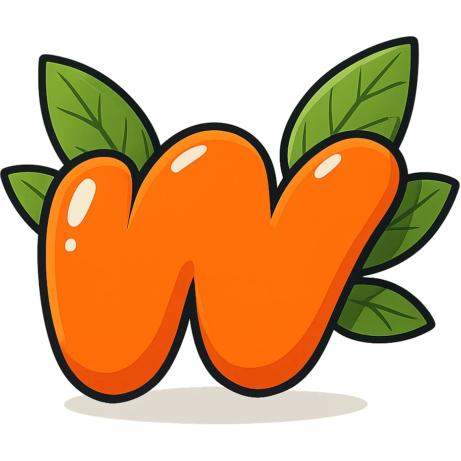 plump vibrant Wattpad logo 'w' in cartoon style with bold outline expressive shadows glossy highlights bright leaves arranged neatly behind logo one side slightly higher other side slightly lower asymmetrical no background emoji