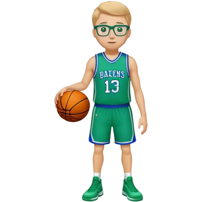 full body white male basketball player wearing glasses in blue an green uniform emoji