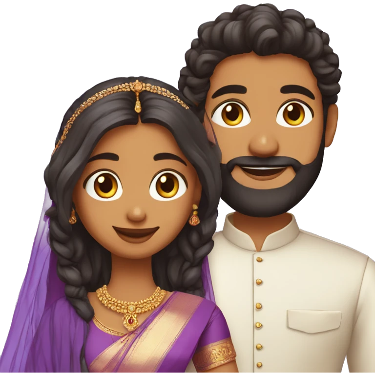 south indian girl with straight hair wearing lavender saree marrying south indian guy with curly hair and beard wearing dhoti emoji