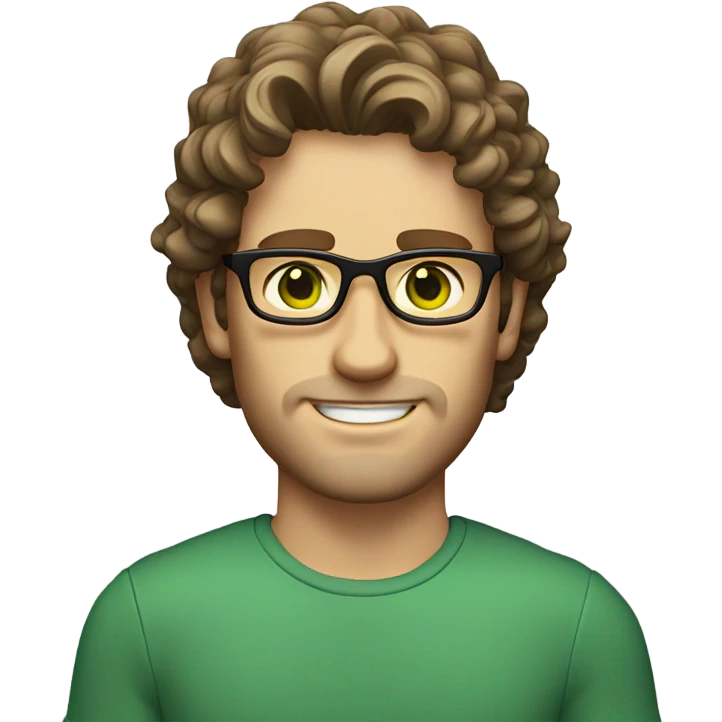 Caucasian male, shoulder length curly brown hair, green eyes, brown glasses, stubble emoji