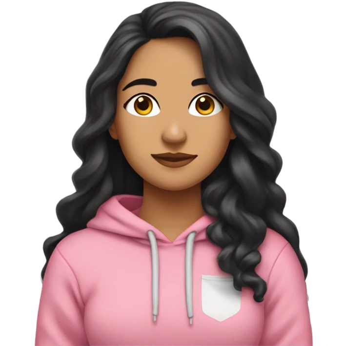 Pretty Latina girl with long black wavy hair in a pink hoodie looking down towards the left with her hands in her pocket  emoji