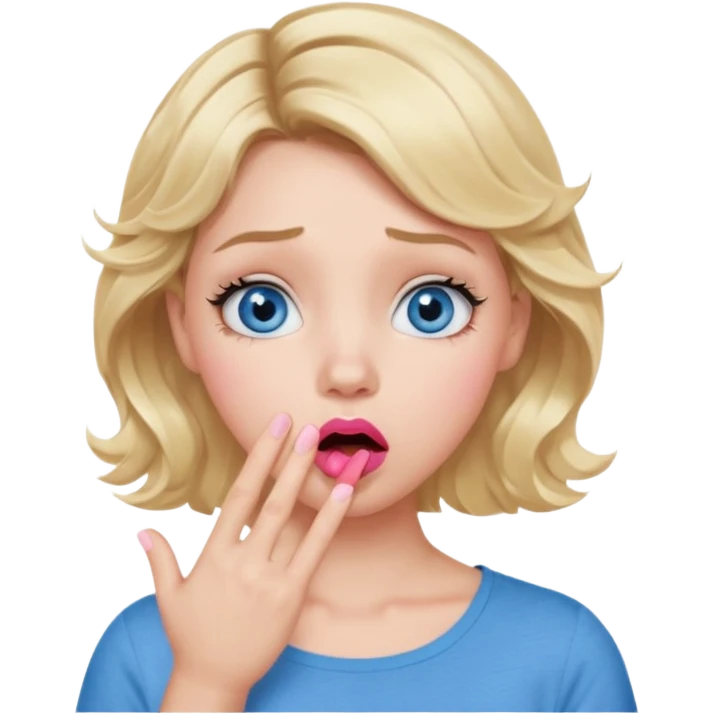 Girl Blonde short wavy hair,  blue eyes, cute blue top, long lashes, pink lips, shocked, hand over the mouth emoji