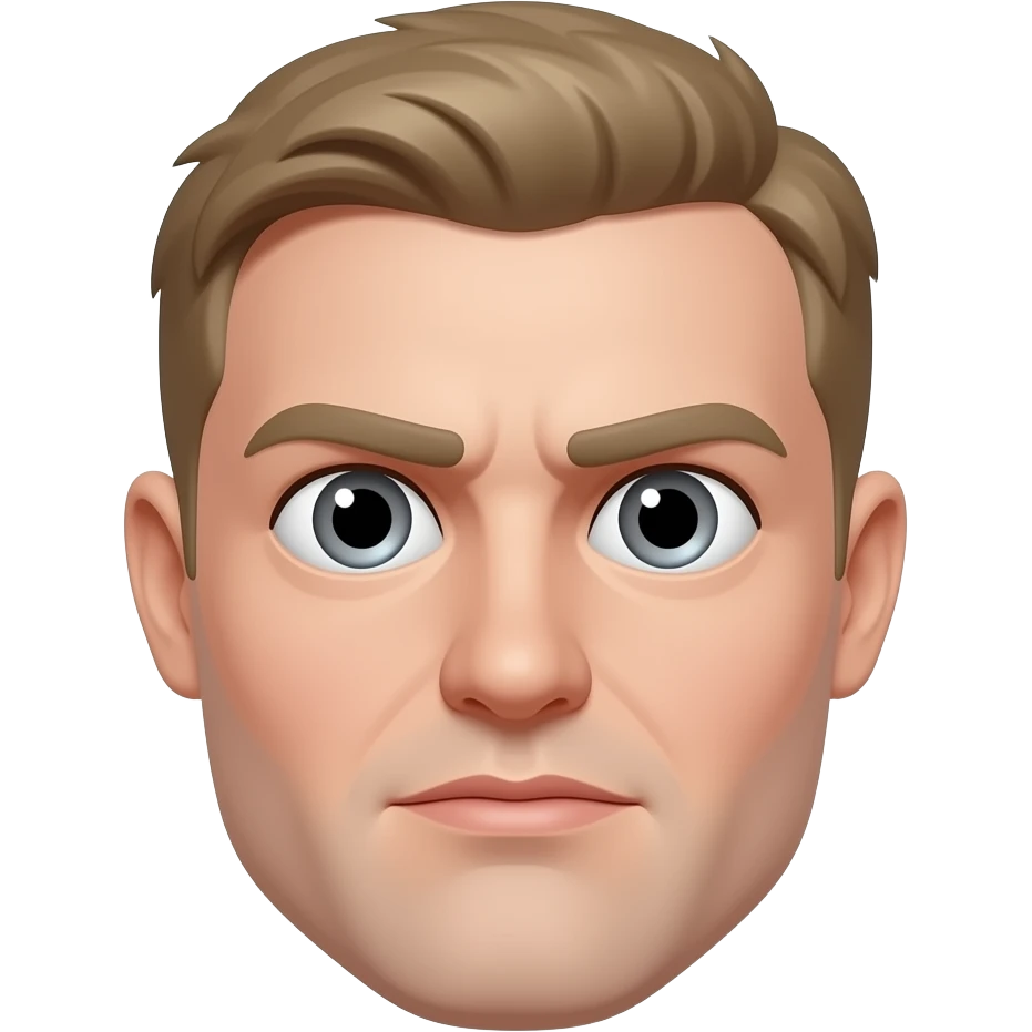 He has a round, full face with soft features and a slightly prominent chin. His skin is very pale with a pinkish tone, especially on the cheeks. His eyes are large, round, and wide open, giving him an alert or somewhat intense expression. He has thin, light-colored eyebrows and no facial hair. emoji