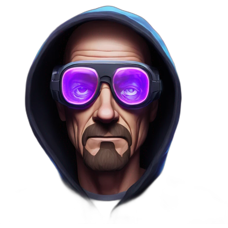 Walter White wearing a black hoodie with "OMG" letters on it and VR headset in a cyberpunk VR environment with violet neon lighting. emoji