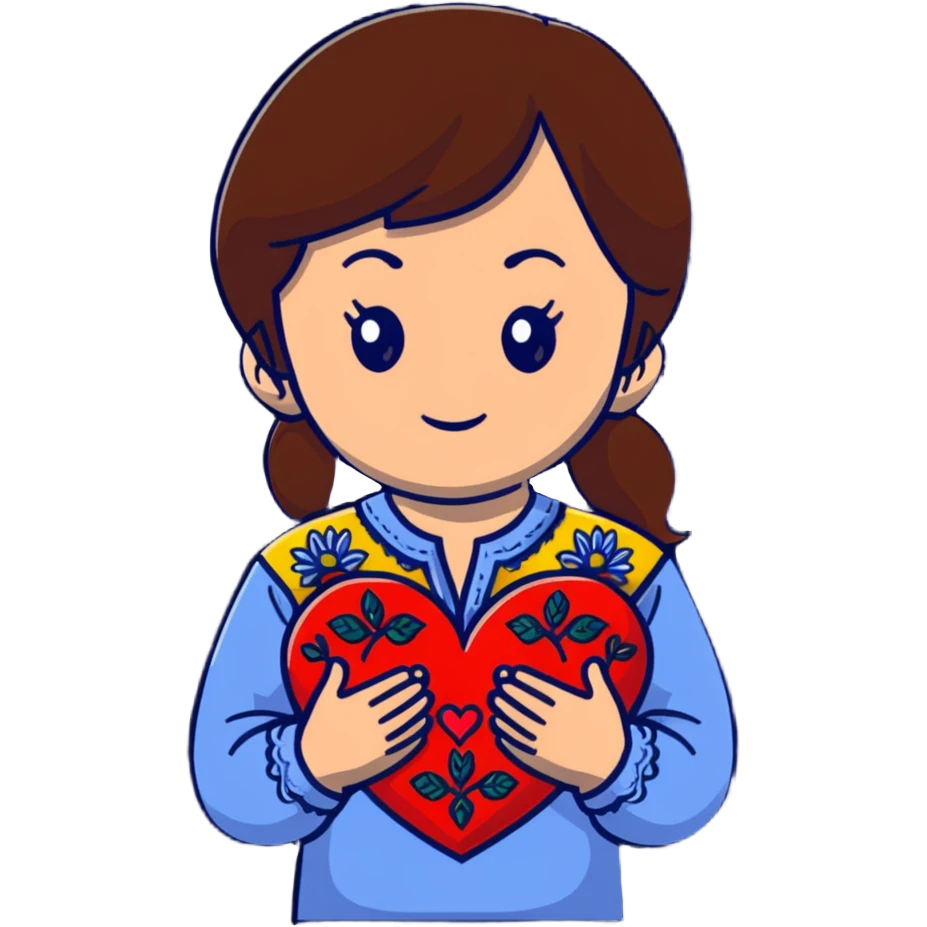 A beautiful young girl with brown hair in a Ukrainian embroidered shirt is holding a large embroidered heart emoji