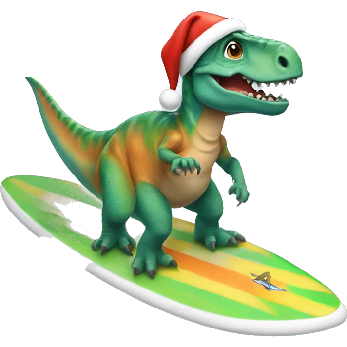 Dinosaur with Santa hat riding a surfboard emoji