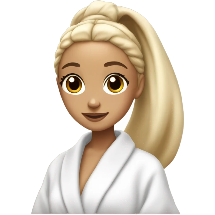 blonde ariana grande in bath robe with hair towel emoji