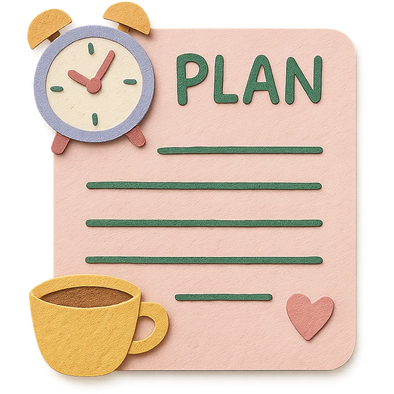 soft pastel daily planner page with coffee cup, cute clock, and heart doodles, hand-drawn style emoji