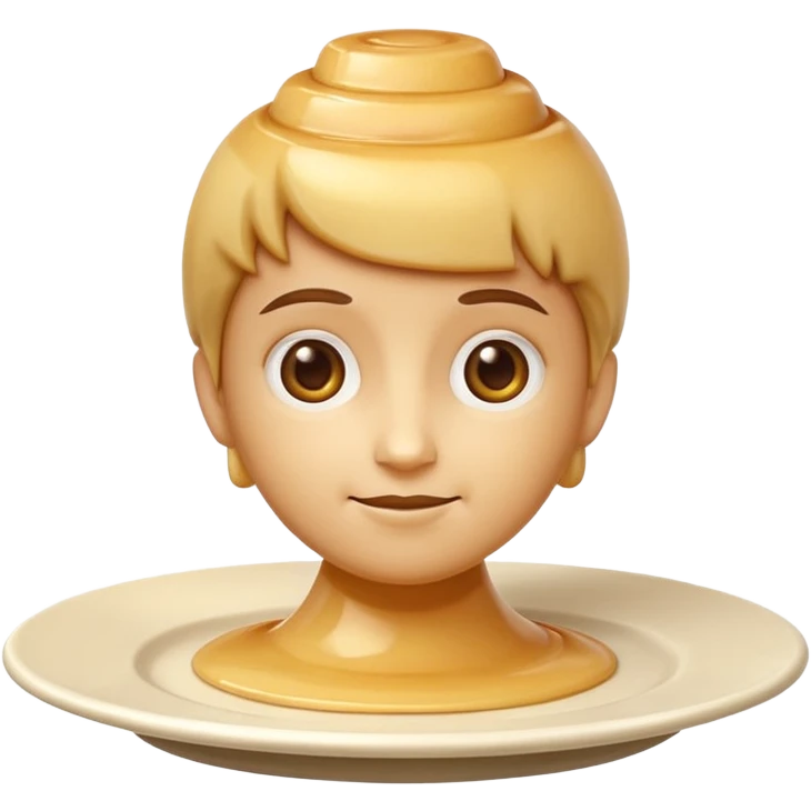 apple style emoji of a bust stylized simplified sculpted from tall cylindrical flan with glossy creamy slightly translucent beige texture, all features flan, on white plate emoji