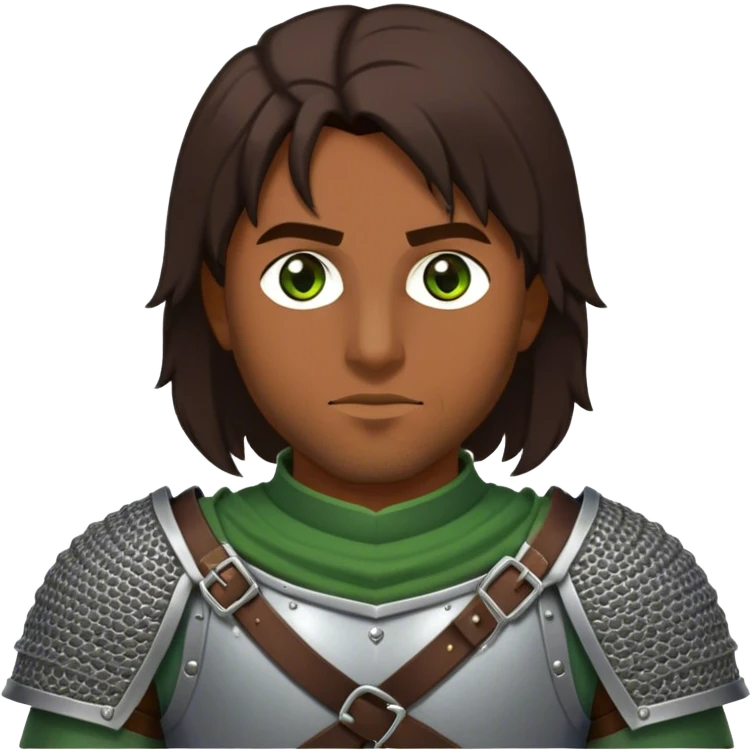 medieval battle armor worn by a DnD themed fantasy character. basic half-plate armor with a chainmail coif and a leather gorget. armor only above the waist. The armor full waist. The character's haven't arms. character is dark brown hair green eyes shoulder-length hair brown-skinned man. emoji