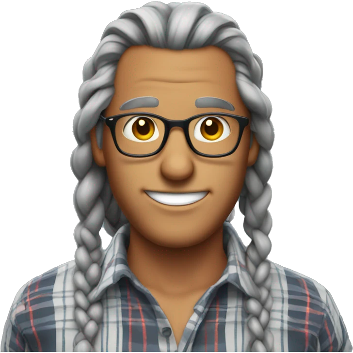 Tanned man, mid 50s with long gray braids with glasses and plaid shirt emoji
