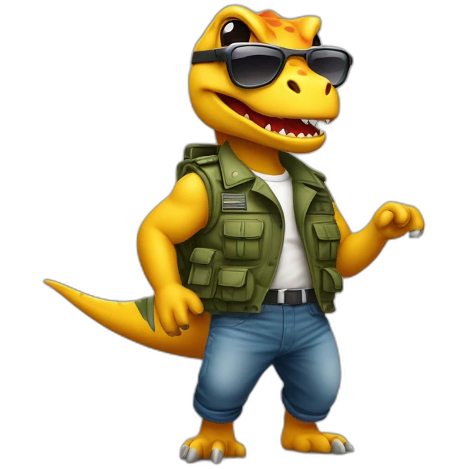 de un dinosaurio bailando con un chaleco táctico militar y gafas de sol  emoji