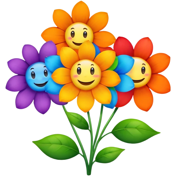Happy flower with rainbow coloured petals ( one red, one orange, one yellow, one green, one blue and one purple) emoji