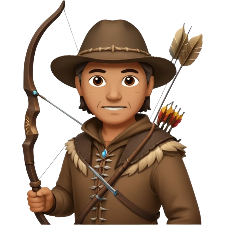 The classic middle-aged hunter with a bow and arrow on his back, dressed in brown with decorations made of feathers or bone teeth emoji