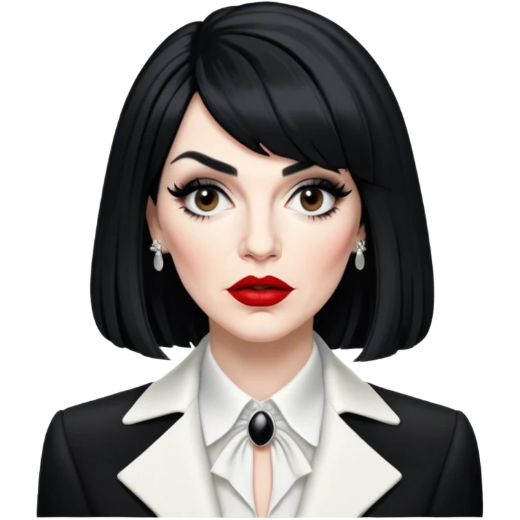 Moira Rose from Schitt's Creek with dramatic black and white outfit, bold red lips, distinctive black wig, and exaggerated expression emoji