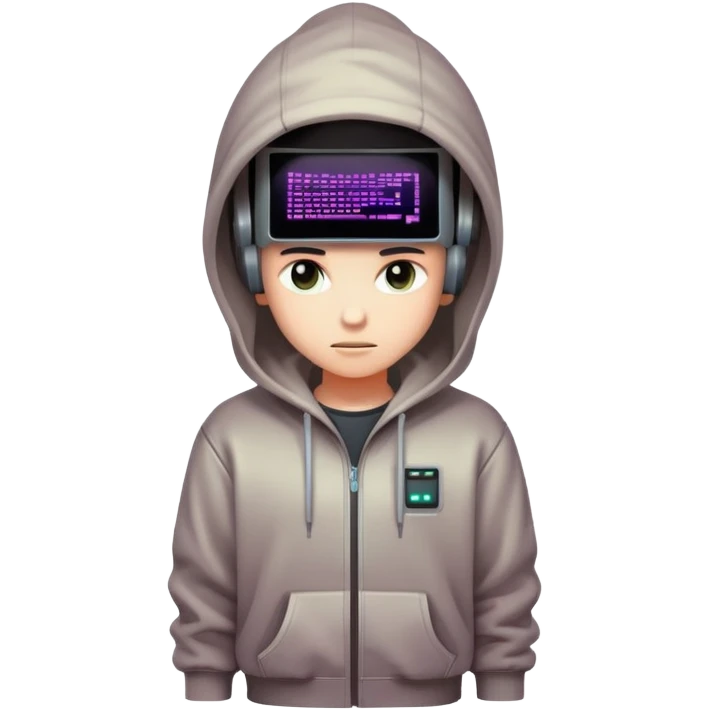 A retro-futuristic character with an old CRT monitor as a head, glowing screen, pixel glitch effects, casual hoodie or jacket, cozy cyberpunk vibe emoji