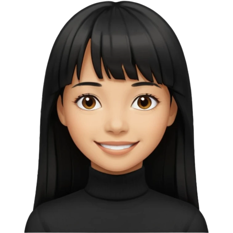Photograph of a young woman with long, straight black hair and bangs, wearing a black turtleneck sweater. emoji
