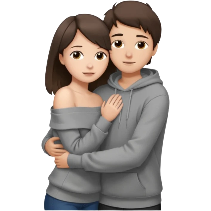 парень брюнет с короткой стрижкой в сером худи, обнимает девушку брюнетку с длинными прямыми волосами в коричневой кофте со спущенными плечами, emoji