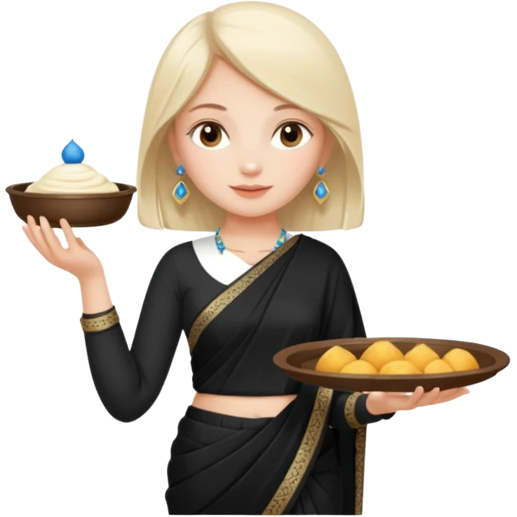 Russian girl in Indian black saree with full image from head to leg and holding one small cream colour plastic tray in her both hands emoji