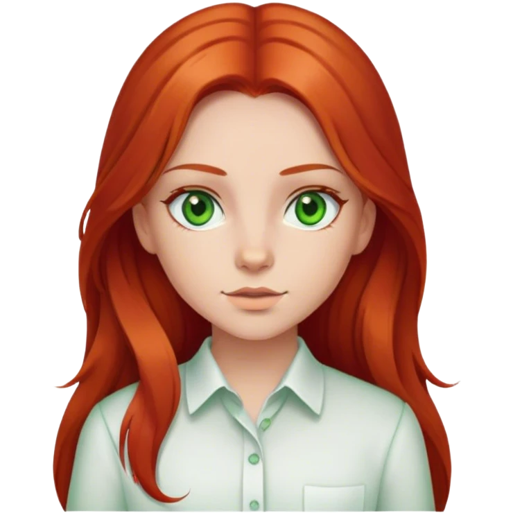 Girl with middle part long red hair and green eyes white shirt emoji