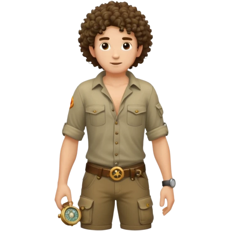full body jungle explorer man, curly hair, from behind, half-open shirt slipping off shoulders, relic compass in hand emoji