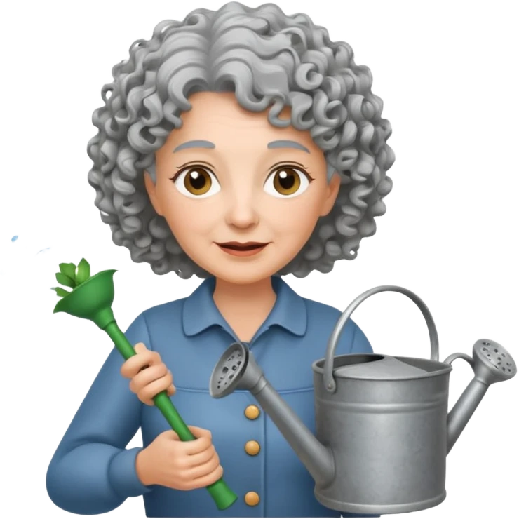 Older female florist – curly hair, hold garden watering pot emoji