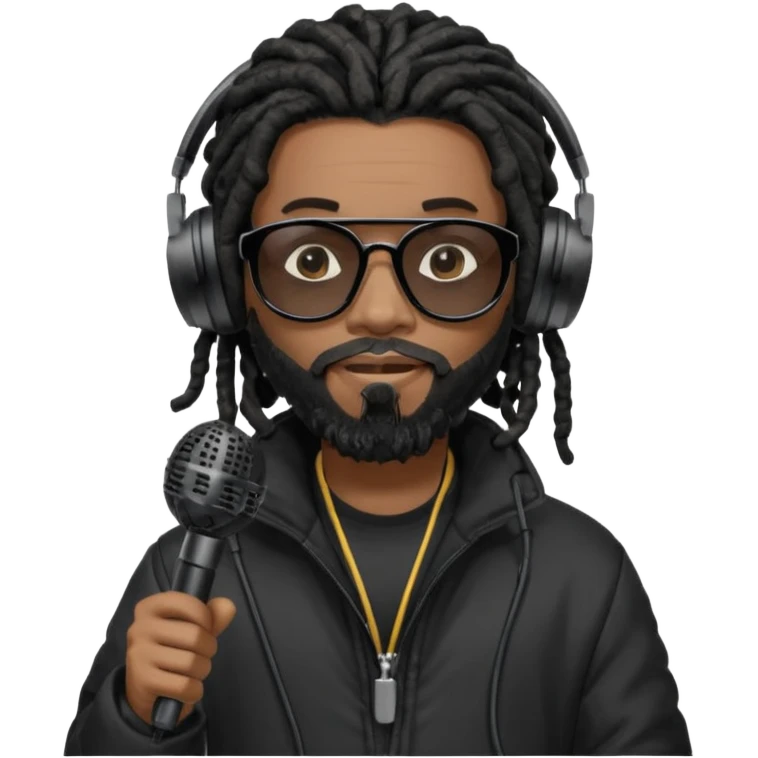 African American man with shoulder length black dreadlocks with black beard wearing dark black sunglasses wearing a black bubble coat with headphones on rapping into a recording studio microphone emoji