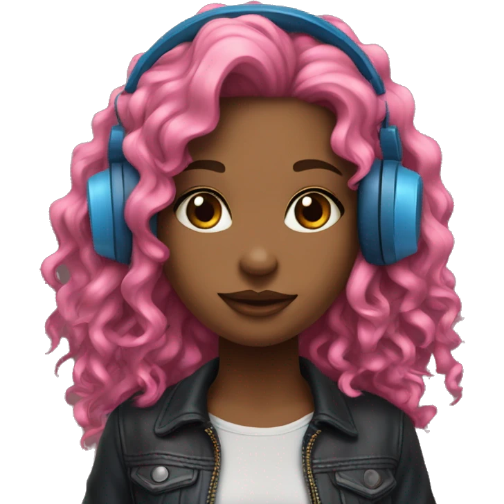 hotgir; rock; leather; girl; pink and blue long curly hair with headphones realisitc  emoji