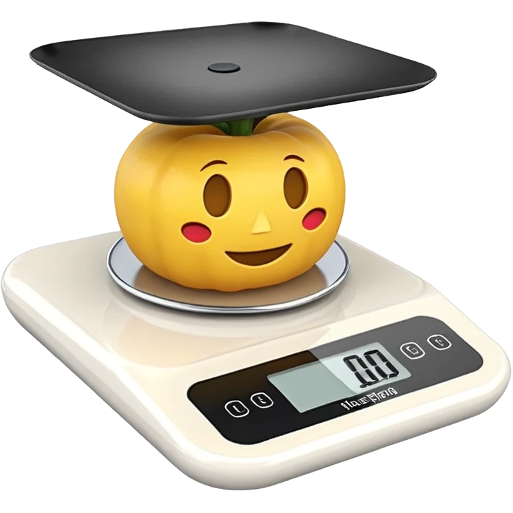 iOS-style 3D emoji: a small digital kitchen scale with a flat platform and an LCD screen displaying 0 g. emoji