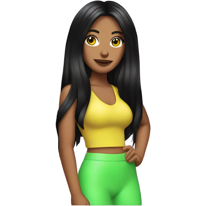 Tanned woman with long black hair dressed in Y2K pop hair, makeup, and neon attire emoji